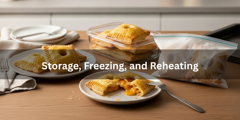 Puff Pastry Pop Tart Recipe: Flaky Homemade Toaster Pastries 7 Secrets Puff pastry pop tarts displayed for serving, storage in an airtight container, and frozen for later, with one reheated and cut open to show flaky layers and filling.-puff pastry pop tart recipe