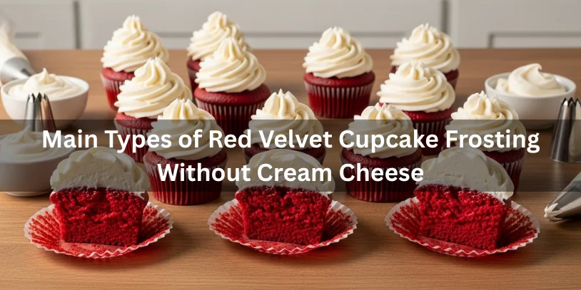 Red Velvet Cupcake Frosting Without Cream Cheese: The Complete Guide to Classic & 16 Creative Options Red velvet cupcakes topped with different frostings including buttercream, whipped frosting, ermine frosting, and stabilized whipped cream, shown side by side.-red velvet cupcake frosting without cream cheese