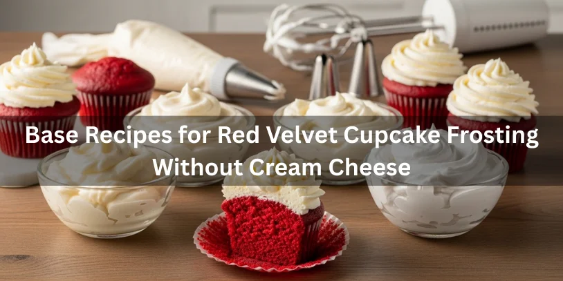 Red Velvet Cupcake Frosting Without Cream Cheese: The Complete Guide to Classic & 16 Creative Options Bowls of buttercream, ermine frosting, whipped frosting, and stabilized whipped cream beside red velvet cupcakes ready for decorating.-red velvet cupcake frosting without cream cheese