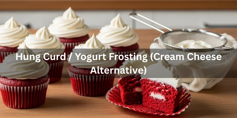 Red Velvet Cupcake Frosting Without Cream Cheese: The Complete Guide to Classic & 16 Creative Options Red velvet cupcakes topped with smooth hung curd yogurt frosting, shown beside a bowl of thick strained yogurt for preparation context.-red velvet cupcake frosting without cream cheese