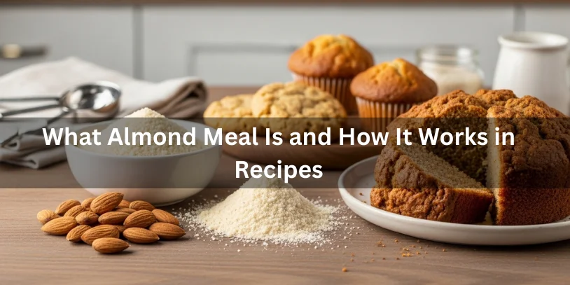 Almond meal in a bowl with whole almonds and baked goods showing moist, dense crumb texture created by almond meal.-replace almond meal 