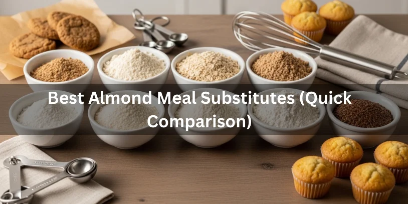 Almond meal and substitutes including oat flour, sunflower seed flour, coconut flour, all-purpose flour, and ground flaxseed with baked goods showing different textures.-replace almond meal 