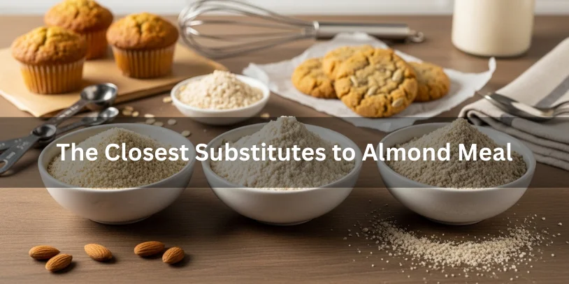 Almond meal with oat flour and sunflower seed flour in small bowls, alongside baked goods showing similar texture, highlighting the closest substitutes to almond meal.-replace almond meal 