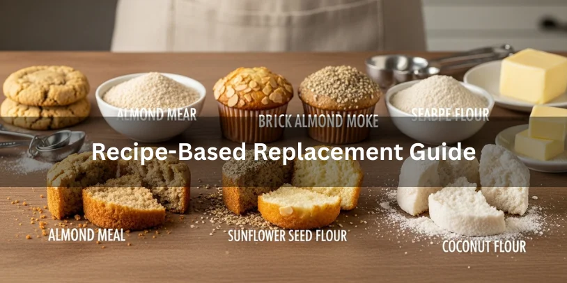 Baked cookies, muffins, and cake showing almond meal substitutions with oat flour, sunflower seed flour, and coconut flour, illustrating texture differences.-replace almond meal