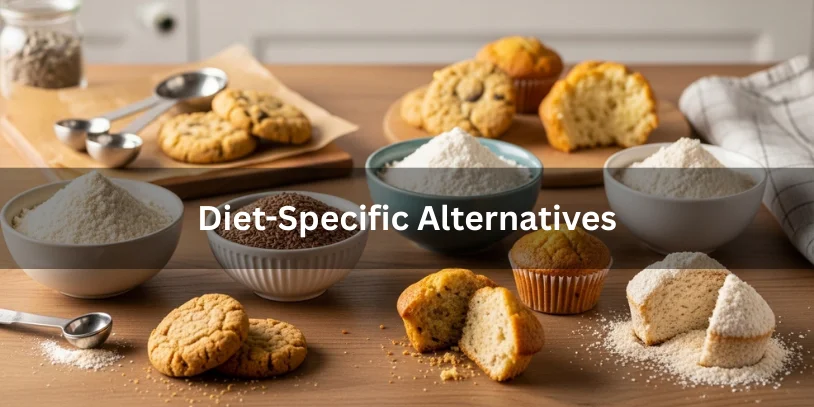 Diet-specific almond meal alternatives including sunflower seed flour, coconut flour, ground flaxseed, and oat flour, with baked cookies, muffins, and cakes showing texture differences.-replace almond meal 