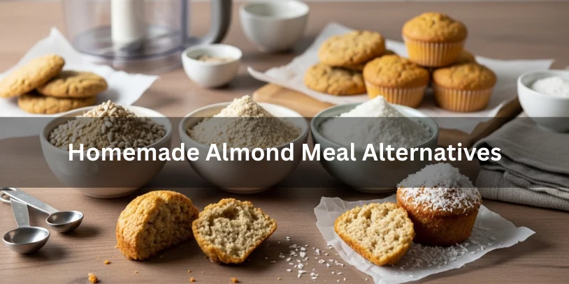 Homemade almond meal alternatives including ground sunflower seeds, ground oats, and finely ground coconut flakes, with baked cookies and muffins showing texture.-replace almond meal 