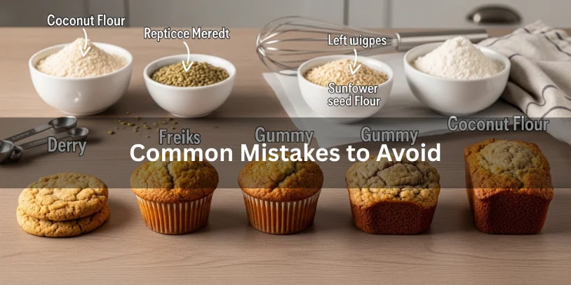 Common baking mistakes with almond meal substitutes, showing dry cookies, dense muffins, gummy quick bread, and a perfectly baked item for comparison.-replace almond meal 