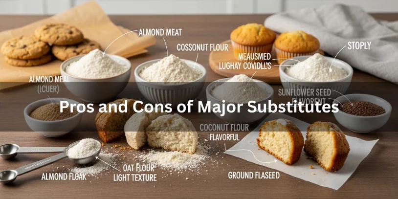 Almond meal and major substitutes including oat flour, sunflower seed flour, coconut flour, and ground flaxseed, with baked goods showing texture differences, highlighting pros and cons.-replace almond meal 