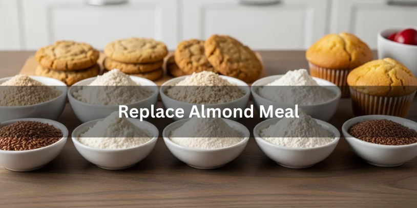 Almond meal and baking substitutes including oat flour, coconut flour, sunflower seed flour, and all-purpose flour arranged in bowls.-replace almond meal