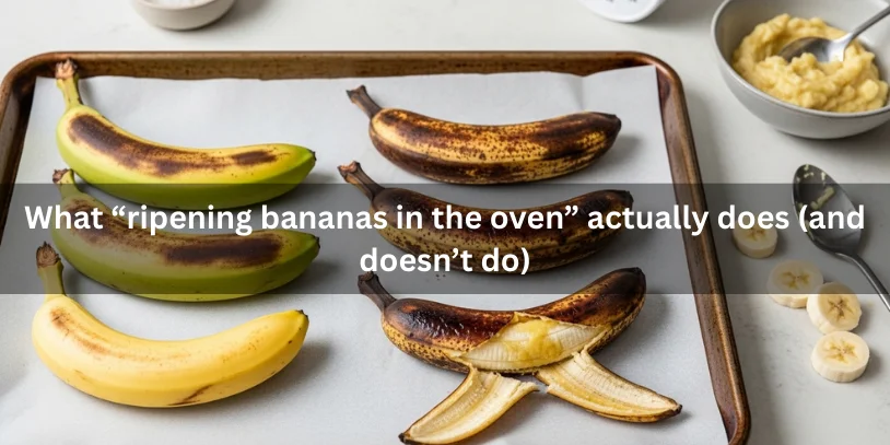 Side-by-side raw and oven-heated bananas on a baking sheet, with one baked banana opened to show soft mashable fruit, illustrating how heat softens bananas without truly ripening them.-ripen bananas in the oven