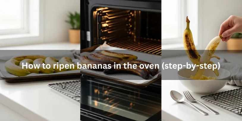 Visual sequence of oven-ripening bananas on a parchment-lined tray, showing before and after baking with darkened peels and soft banana flesh being mashed into a bowl.-ripen bananas in the oven 