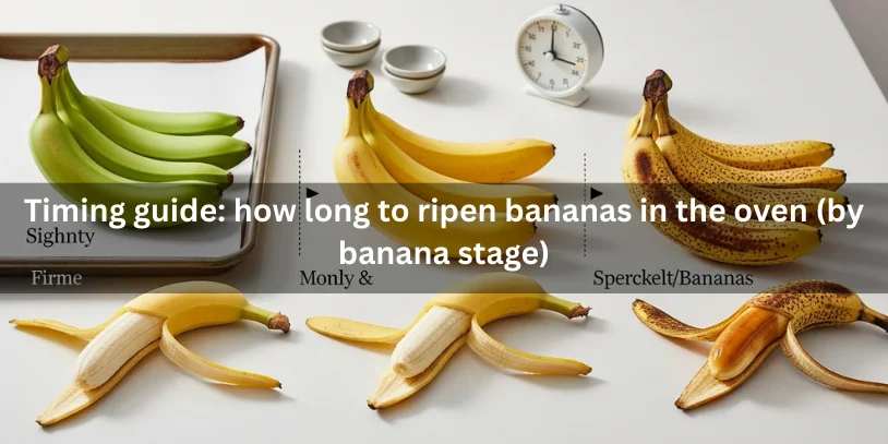 Bananas grouped by ripeness stage on a baking sheet—slightly green, yellow, and speckled—with opened bananas showing different softness levels and a kitchen timer nearby to suggest baking time differences.-ripen bananas in the oven 