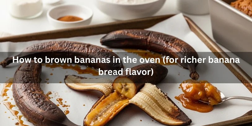 Oven-browned bananas with blistered peels on a baking sheet, one opened to show caramel-like soft fruit being added to a bowl for banana bread.-ripen bananas in the oven 