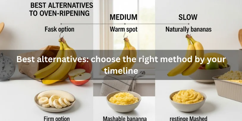 Flat lay grid of oven-banana issues—under-browned, leaking, over-blackened, and dried out—paired with visual fix cues like an oven thermometer, foil lining, adjusted tray position, and moisture control.-ripen bananas in the oven