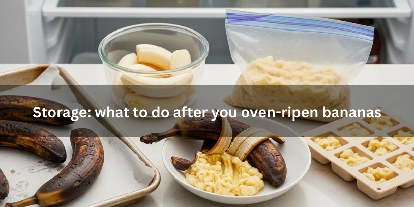 Oven-ripened bananas on a tray with mashed banana stored in an airtight container and freezer-safe bag, plus portioned mash in a silicone tray for easy freezing.-ripen bananas in the oven 