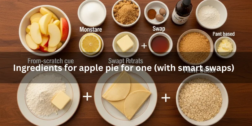 Flat-lay of ingredients for a single serving apple pie with swap options like different sugars, thickener choices, crust alternatives, and plant-based butter on a wooden counter.- single serving apple pie 