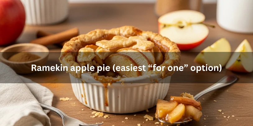 Single ramekin apple pie with a golden flaky crust and thick cinnamon apple filling, partially scooped to show texture on a warm wooden countertop.- single serving apple pie 