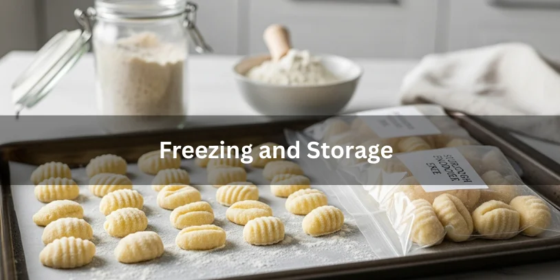 Sourdough Gnocchi Explained: Flavor, Fermentation, Texture Control & How to Make It Right In 2026 Freshly shaped sourdough gnocchi on a floured baking sheet and in freezer-safe containers, showing proper freezing and storage methods.-sourdough gnocchi
