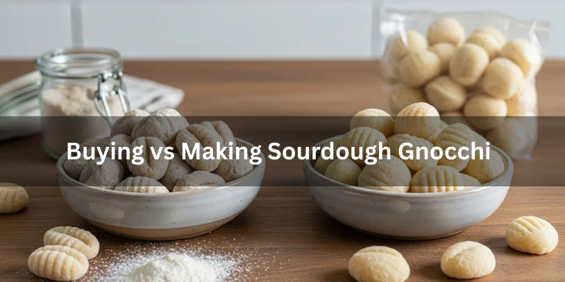 Sourdough Gnocchi Explained: Flavor, Fermentation, Texture Control & How to Make It Right In 2026 -Side-by-side bowls of homemade sourdough gnocchi and uniform store-bought gnocchi, showing differences in texture and shape.sourdough gnocchi