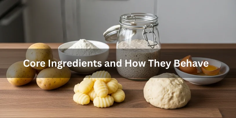 Sourdough Gnocchi Explained: Flavor, Fermentation, Texture Control & How to Make It Right In 2026 Potatoes, flour, sourdough starter, egg, and gnocchi dough arranged on a countertop, showing the core ingredients of sourdough gnocchi and how they behave.-sourdough gnocchi