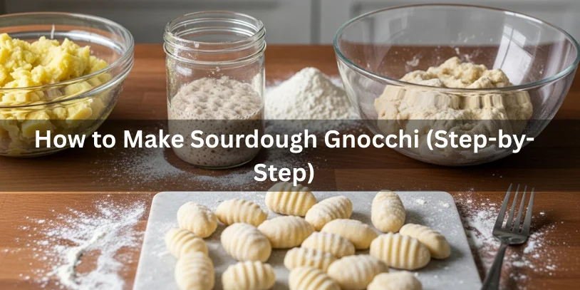 Sourdough Gnocchi Explained: Flavor, Fermentation, Texture Control & How to Make It Right In 2026 Step-by-step sourdough gnocchi making process showing potatoes, sourdough starter, dough, and shaped gnocchi on a floured board.-sourdough gnocchi
