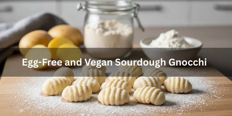 Sourdough Gnocchi Explained: Flavor, Fermentation, Texture Control & How to Make It Right In 2026 Egg-free vegan sourdough gnocchi on a floured wooden board with potatoes, flour, and sourdough starter nearby.-sourdough gnocchi
