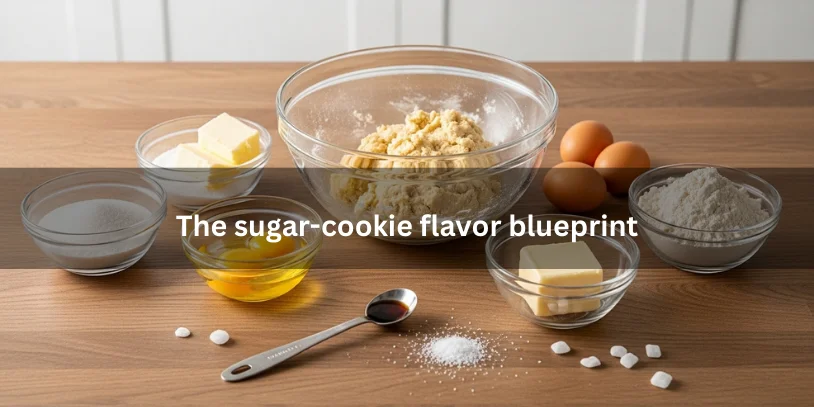 Key sugar cookie loaf ingredients—sugar, butter, eggs, vanilla, and flour—arranged in bowls with partially mixed dough to illustrate flavor blueprint.-sugar cookieloaf 