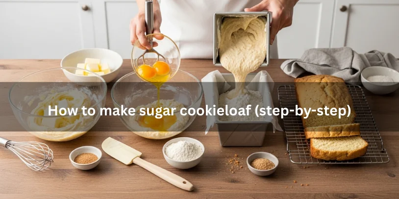 Step-by-step process of making sugar cookie loaf: creaming butter and sugar, adding eggs and vanilla, folding in flour, pouring batter into loaf pan, and baked loaf partially sliced to show soft interior.-sugar cookieloaf 