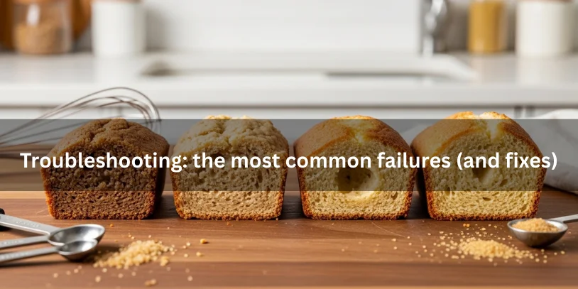 Four sugar cookie loaf slices showing common failures: underbaked gummy center, dry crumb, sunken middle, and perfectly baked soft golden loaf.-sugar cookieloaf 