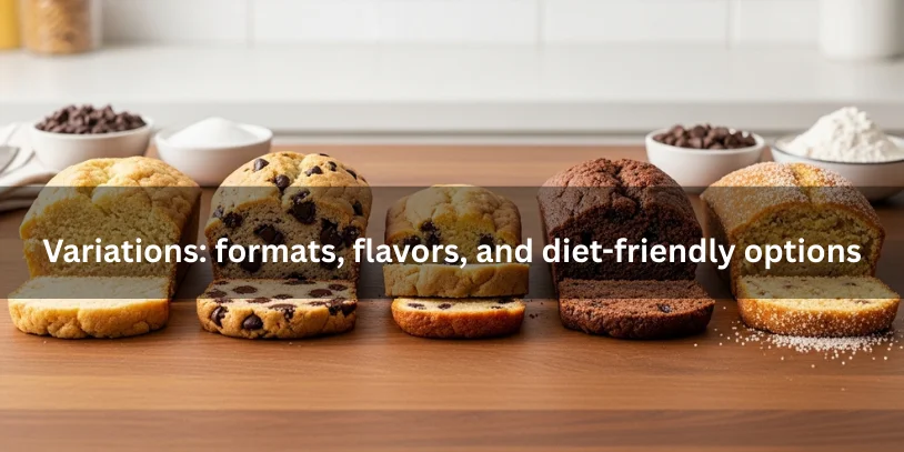 Five sugar cookie loaf variations—classic, chocolate chip, mini, gluten-free, and lower-sugar/keto—each partially sliced to show interior texture and crumb differences.-sugar cookieloaf 