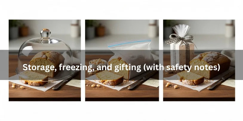 Sugar cookie loaf shown for storage under a dome, frozen in parchment, and packaged in a gift box, partially sliced to show soft interior and safe handling.-sugar cookieloaf