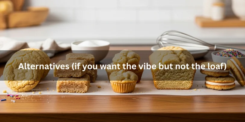  Sugar cookie alternatives to a loaf, including classic cookies, bars, mini cups, and sandwich cookies, partially sliced to show soft interiors and crumb texture.-sugar cookieloaf 