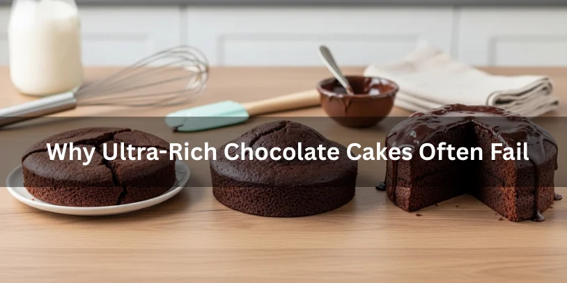 Comparison of cracked, dense, and properly baked ultra-rich chocolate cakes, illustrating common mistakes and successful results.-too much chocolate cake recipe 