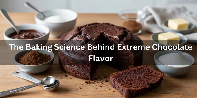 Rich chocolate cake sliced open with small bowls of melted chocolate, sugar, and butter, illustrating the science behind extreme chocolate flavor.-too much chocolate cake recipe 