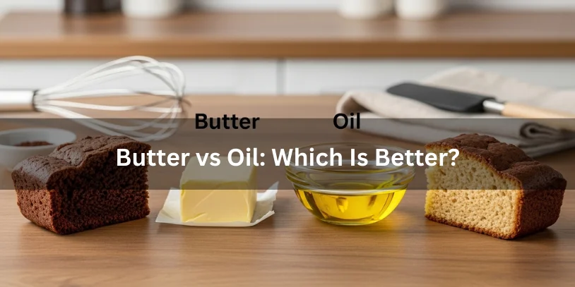 Block of butter and bowl of oil with two baked brownie slices, showing texture and moisture differences between butter-based and oil-based recipes.-too much chocolate cake recipe 