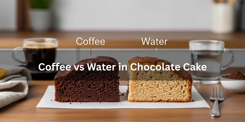 Two chocolate cake slices side by side, one made with coffee and one with water, showing differences in color, flavor, and moisture.-too much chocolate cake recipe 