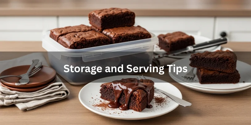 Ultra-rich chocolate cake slices and brownies displayed on plates and in an airtight container, illustrating proper storage and serving tips.-too much chocolate cake recipe 
