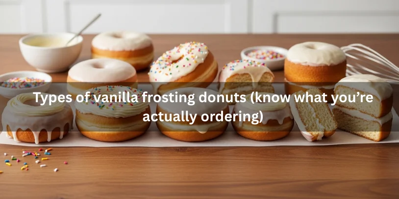 Variety of vanilla frosting donuts including classic glazed, piped with sprinkles, filled, mini drizzled, and cake-style, some sliced to show interior crumb and frosting texture.-vanilla frosting donut 