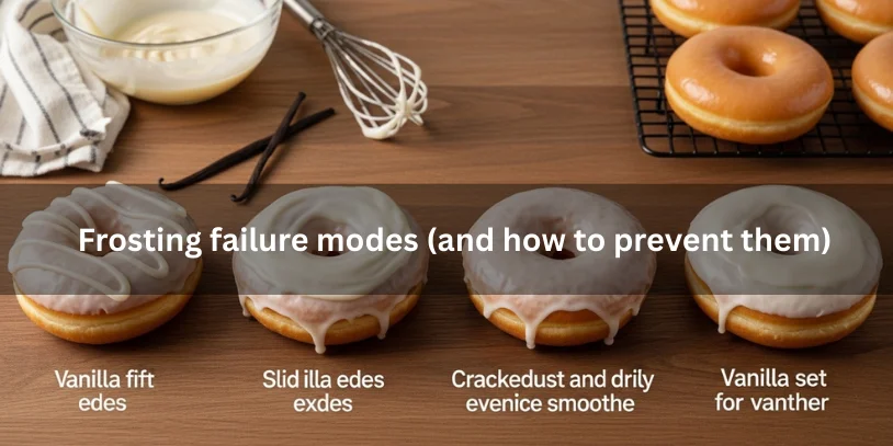 Four vanilla-frosted donuts showing streaky, sliding, cracked, and perfectly smooth frosting to illustrate common failure modes and prevention.-vanilla frosting donut 