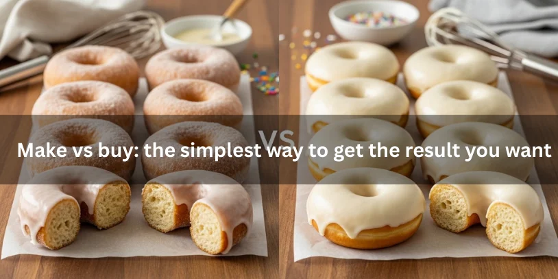 Side-by-side comparison of homemade vanilla donuts with slightly uneven frosting and store-bought donuts with smooth glossy glaze, showing interior crumb and frosting differences.-vanilla frosting donut 