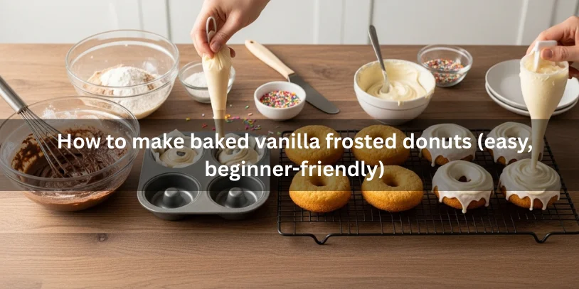 Step-by-step visual of baked vanilla frosted donuts: mixing batter, portioning into donut pan, baked donuts cooling on a rack, and applying smooth vanilla frosting.-vanilla frosting donut 