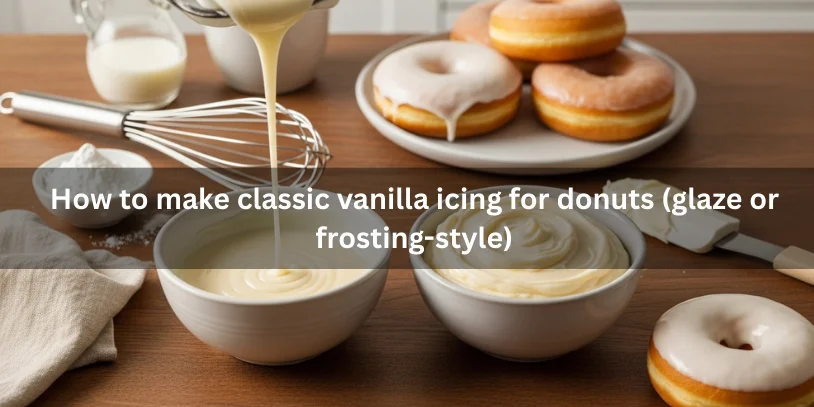 Two bowls of vanilla icing for donuts—one thin pourable glaze and one thick frosting—shown with whisk, spatula, and donuts ready to be iced.-vanilla frosting donut 