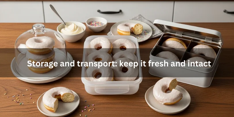 Vanilla frosted donuts stored under a dome, in an airtight container, and packed in a transport box, showing soft interior and intact frosting for freshness.-vanilla frosting donut 