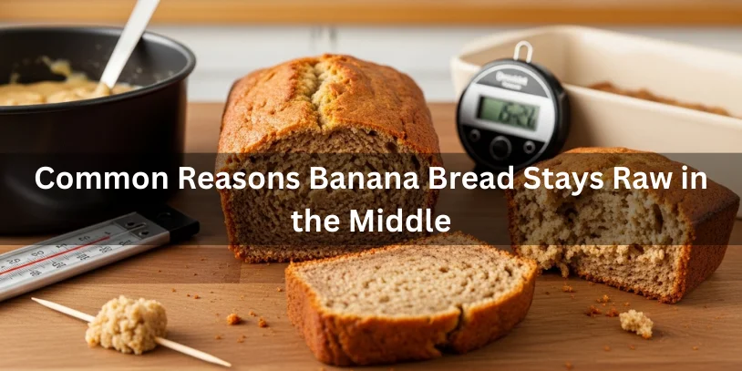 Why Is My Banana Bread Not Cooking in the Middle? Causes & Fixes In 2026 Banana bread sliced open showing a raw middle with baked edges, illustrating common causes like deep pans, low oven temperature, and dense batter.-why is my banana bread not cooking in the middle