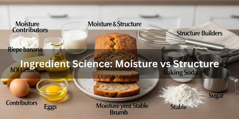 Why Is My Banana Bread Not Cooking in the Middle? Causes & Fixes In 2026 Banana bread ingredient balance showing moisture-rich ingredients versus structure-building ingredients, with a sliced loaf demonstrating proper crumb texture.-why is my banana bread not cooking in the middle