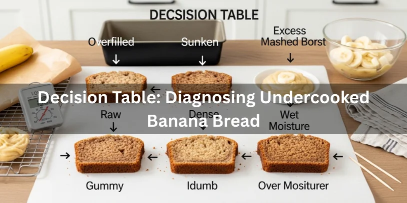 Why Is My Banana Bread Not Cooking in the Middle? Causes & Fixes In 2026 Visual decision table showing different undercooked banana bread problems—raw center, dense crumb, excess moisture—and a perfectly baked slice for comparison.-why is my banana bread not cooking in the middle