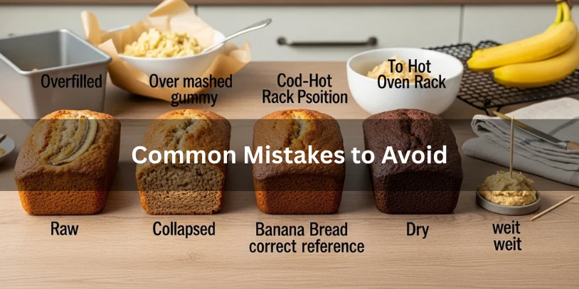 Why Is My Banana Bread Not Cooking in the Middle? Causes & Fixes In 2026 Common banana bread baking mistakes shown side by side, including raw centers, sunken loaves, overbaked crusts, and a perfectly baked example.-why is my banana bread not cooking in the middle