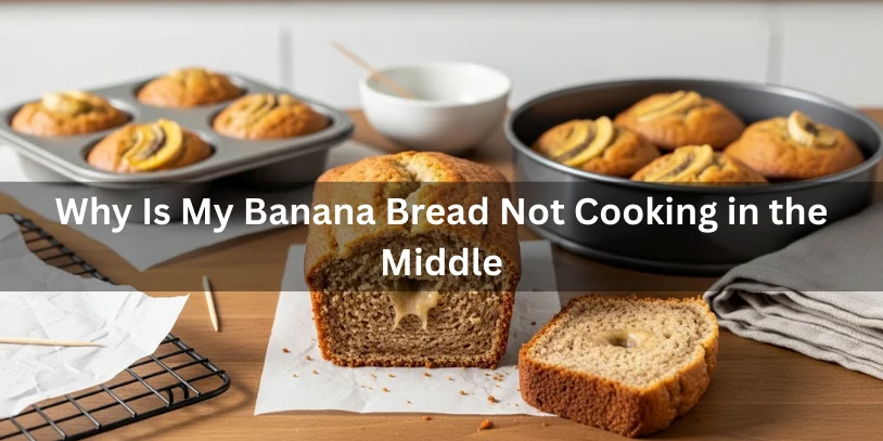 Why Is My Banana Bread Not Cooking in the Middle? Causes & Fixes In 2026 Banana bread cut open to show undercooked middle, with fully baked edges and comparison to properly baked pieces in other pans.-why is my banana bread not cooking in the middle