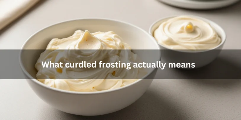 Bowl of lumpy, separated frosting next to smooth frosting, illustrating what curdled frosting looks like under soft natural lighting.-how to fix curdled frosting 