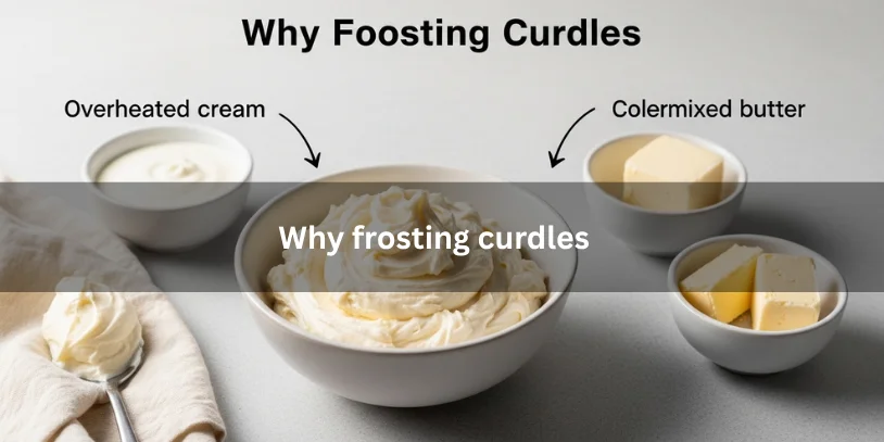 Curdled frosting with lumps next to ingredients like overheated cream and cold butter, illustrating why frosting curdles under soft natural lighting.-how to fix curdled frosting 
